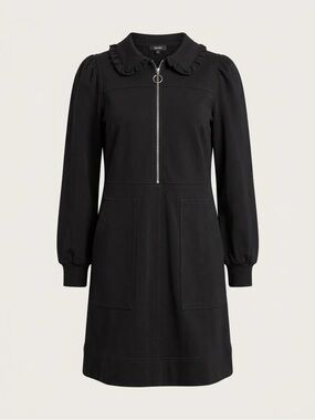 EUC ME+EM Black Long-Sleeve Zip Dress with Ruffle Collar up